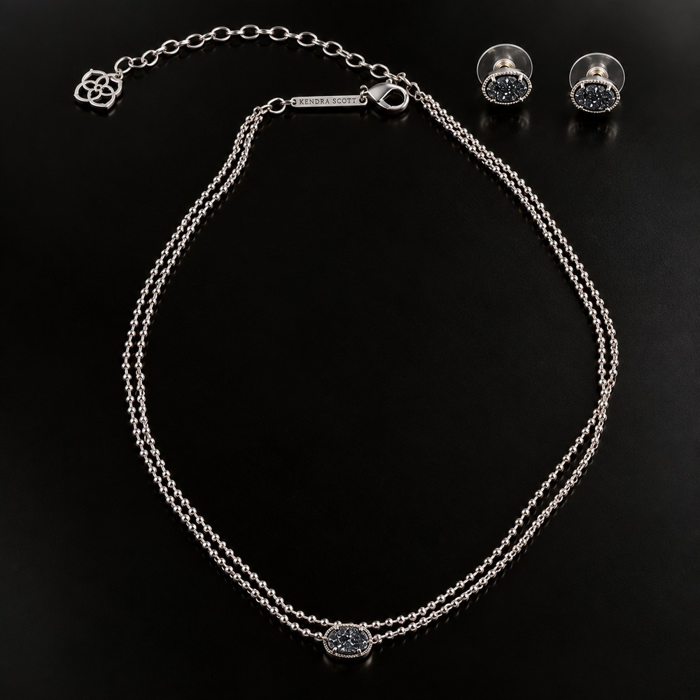 Kendra Scott Emilie Multi Strand Necklace Earrings Platinum Drusy Silver